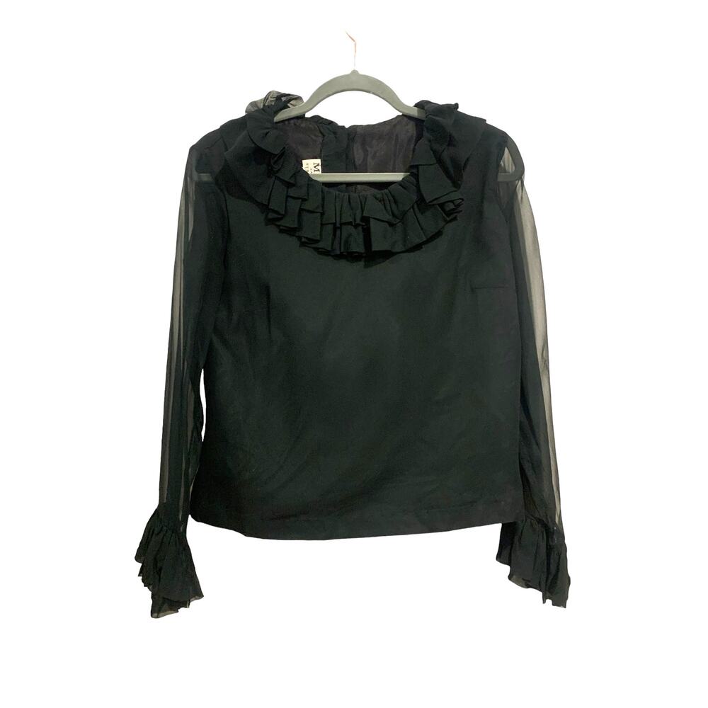 Vintage 60’s - Chiffon Ruffle Neck Sheer Sleeve Black Top - Size Small Blouse